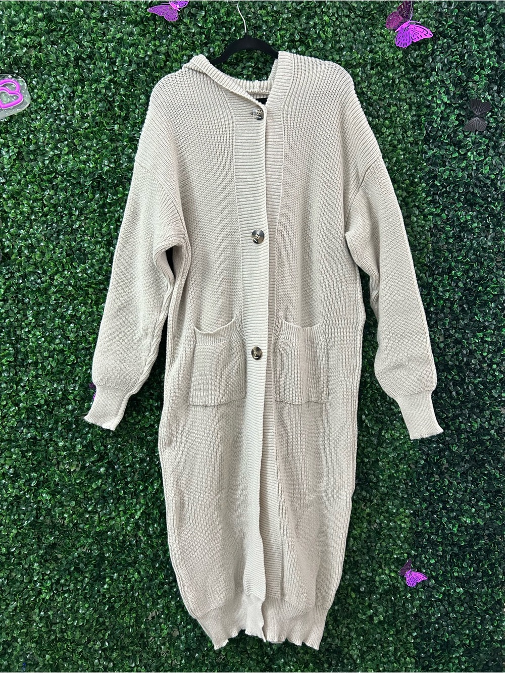 Long Knit Hooded Cardigan Duster | Cream Oversized Button Front Sweater Coat